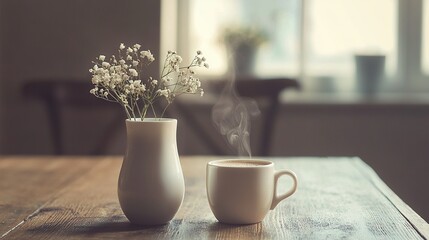 Poster -   A cup of coffee resting atop a wooden table, adjacent to a vase housing a verdant plant