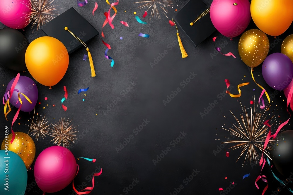 Graduation background with balloons, graduation caps, ribbons and ...