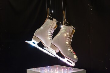 Wall Mural - Pair of ice skates hung from strings, ready to use