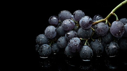 Sticker -   A group of grapes resting atop a wet table, with a green stem protruding from it