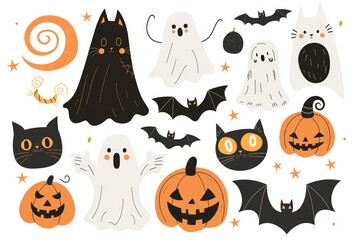 Wall Mural - A collection of spooky Halloween items featuring bats, ghosts, cats, and pumpkins