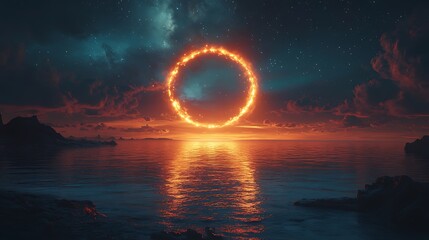 Wall Mural - A fiery ring hovers over a calm ocean at sunset, with a starry sky above and rocky islands in the foreground.