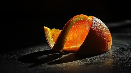 Wall Mural -   Close-up image of an orange on a table with droplets of water on its surface and skin peeled back