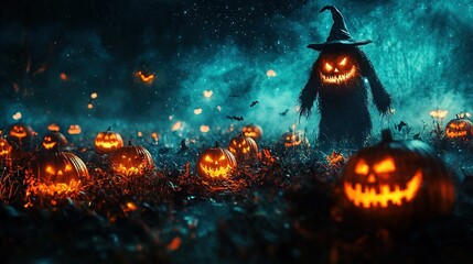 Wall Mural -   A field of pumpkins, each one a jack-o'-lantern, with a witch's hat atop one