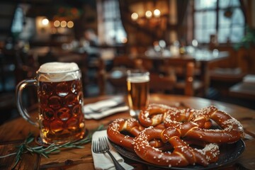 Wall Mural - A platter of soft pretzels served with a mug of beer, perfect for snacking or entertaining