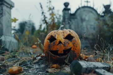 Wall Mural - A carved Halloween pumpkin sits among tombstones in a spooky cemetery, perfect for autumnal decorations or horror-themed events