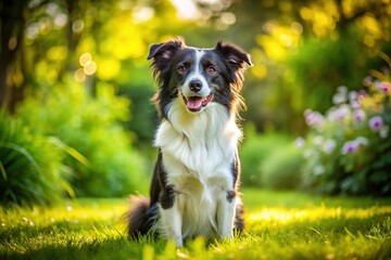 Playful little black and white dog sitting on green grass in a sunny garden during the day