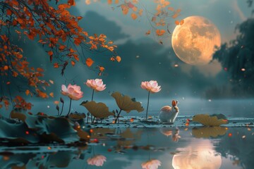 Wall Mural - a swan swimming in a serene lake with a bright full moon shining in the background