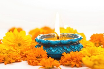 Wall Mural - A small blue candle surrounded by bright yellow flowers, great for decorative or spiritual use