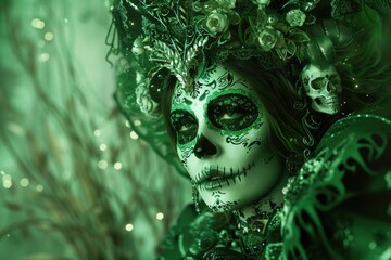 Wall Mural - A woman wearing a green costume with skulls painted on her face