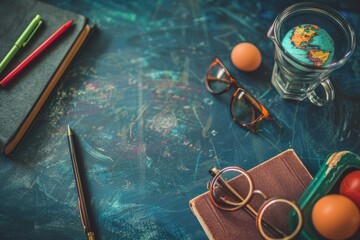 Sticker - A cluttered study desk with books, glasses, and eggs