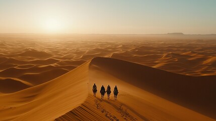 Canvas Print -   A group of people trekking through a vast desert under a scorching sun above towering sand dunes