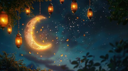 Wall Mural - a serene night scene featuring a crescent moon and hanging lanterns