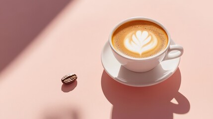 Wall Mural - Modern Coffee Shop Concept: White Latte Cup with Coffee Bean on Pastel Table