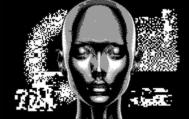 Aufkleber - Glitchy and distorted human face appearing out of pixel noise. A conceptual illustration on artificial intelligence and its emergent nature with the humankind.