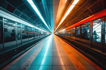 Canvas Print - A subway train passing through a busy subway station with commuters and luggage carts