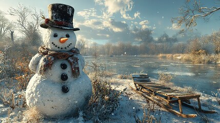 Poster -   A snowman wearing a hat and scarf stands near a sled by a body of water