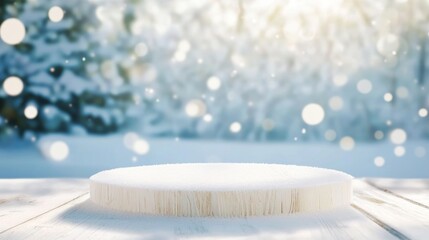Wall Mural - minimalist winter podium surrounded by snow-covered trees under a clear blue sky, creating a frosty 