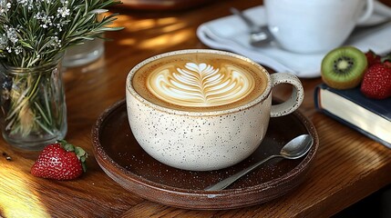 Canvas Print -   Cuppa cappuccino on plate with strawbs & vase flowers