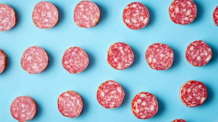 A blue background with pieces of delicious salami arranged in a grid pattern.