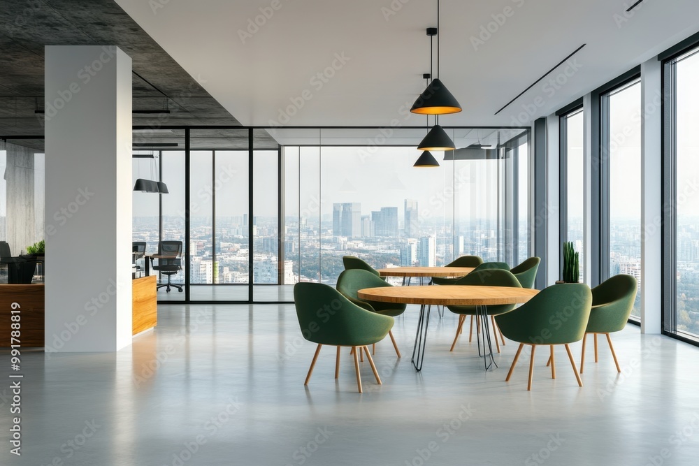 Modern office interior, an open space with panoramic windows and a ...
