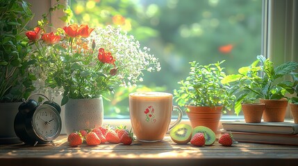 Canvas Print -   A coffee cup atop a windowsill with a potted plant and clock nearby