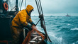 © Patrick - A commercial fisherman hauling in nets filled with fish on a boat, with the rough sea and overcast sky behind, highlighting the gritty and challenging nature of the fishing industry