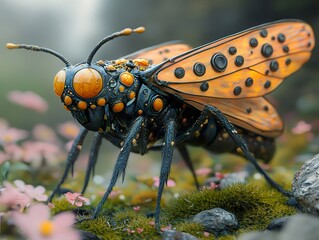 Canvas Print - Close Up of a Detailed, Biomechanical Insect with Orange and Black Wings