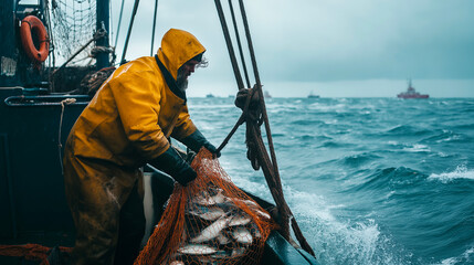 a commercial fisherman hauling in nets filled with fish on a boat, with the rough sea and overcast s