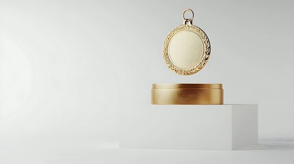 Sticker - A gold round frame with a decorative pattern sits above a matching golden podium on a white background.