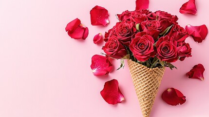 Wall Mural -  Red roses in a cone on pink background with scattered petals