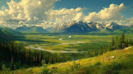 Poster -   Mountain valley painting featuring a winding road in the foreground and majestic mountains in the backdrop