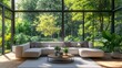 © Faxri - A 3D rendering of a modern living room with a garden view.There are big windows that look out over the surrounding landscape and garden.