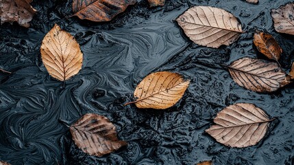 Wall Mural -   A cluster of leaves bobbing atop a water body with droplets beneath