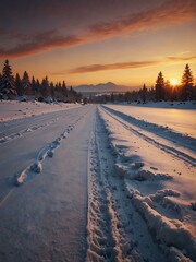 Serene winter landscape with a snowy road and warm sunset tones.