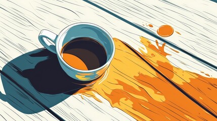 Wall Mural - Modern Stylized Vector Illustration of Spilled Drink Cup on Wooden Floor with Textural Interplay