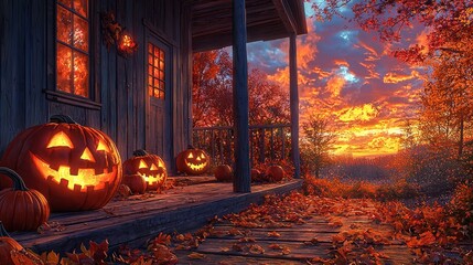 Poster -   Two pumpkins rest on a porch beside a wooden structure during sunset