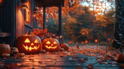 Poster -   Two Jack O'Lantern pumpkins carved and placed on a porch, surrounded by fall leaves on the ground