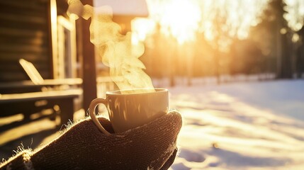 Sticker -   A snow-covered bench holds a steaming coffee cup amidst snowy surroundings In the background, trees stand tall and trees sway softly