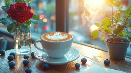 Canvas Print -   A cappuccino cup on a saucer and a rose in a vase nearby