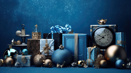 Christmas background with winter holidays composition. Bauble or ball, gift and Xmas toys in blue color