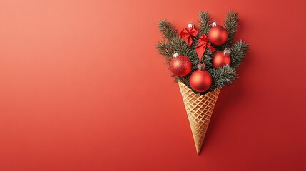 Poster -   Red wall with a Christmas-filled cone and a pine cone adorned with red ornaments beside it