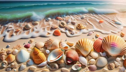  Landscape with seashells on tropical beach - summer holiday 