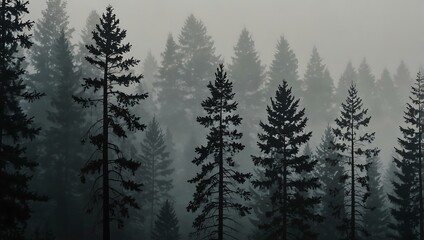 Wall Mural - Silhouette of pines on a foggy day.