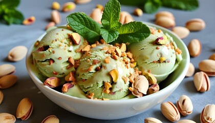 Refreshing pistachio ice cream with fresh mint leaf garnish for a delightful dessert experience