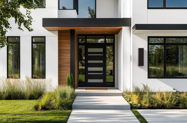 A modern house with white walls, black windows, and wooden accents. The front door is made of dark gray aluminum-framed glass, flanked by two square sconces