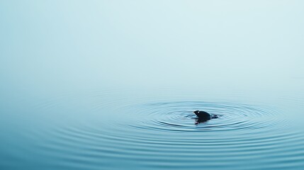 A lone seal surfaces in calm, blue water, creating ripples.