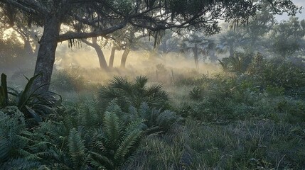 Wall Mural -   Foggy forest surrounded by towering trees