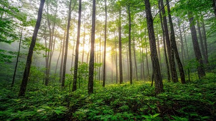 Canvas Print -   A forest bursts with sunlight as slender, tall trees filter green foliage