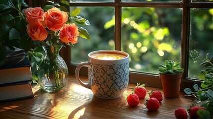 Wall Mural -   A cup of coffee, a vase of strawberries, and a potted plant sit on a windowsill